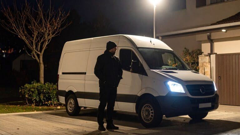 A van parked on a driveway at night